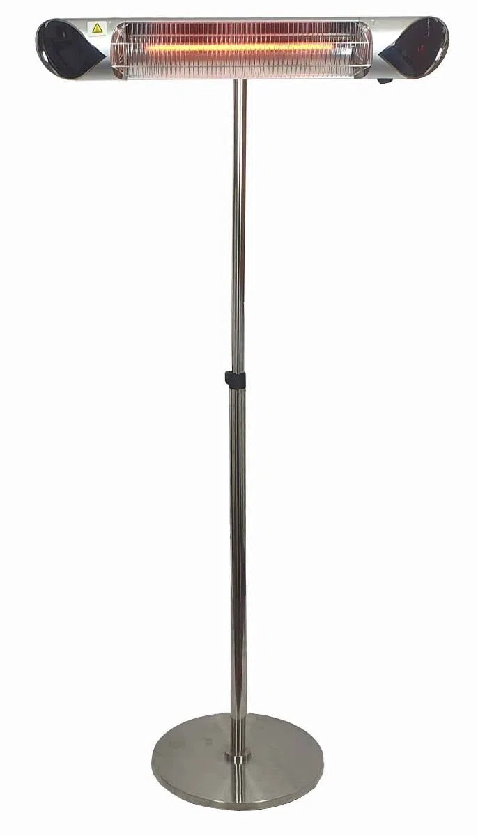 Lampada Riscaldante ad Infrarossi da Esterno e Interno con Lampadina al Carbonio, 2000 Watt, IP55, 4 Livelli di Potenza, Bassi Consumi con Piantana, Colore Argento