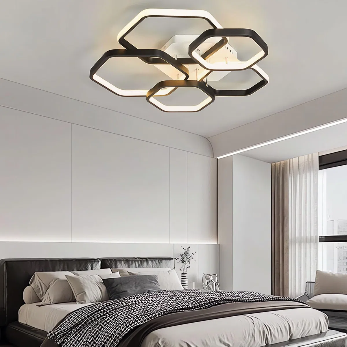 Lámpara de techo LED moderna, lámpara de techo regulable para dormitorio de 3000-6000 K con mando a distancia, lámpara de techo acrílica negra, ideal para dormitorios. (Oro)