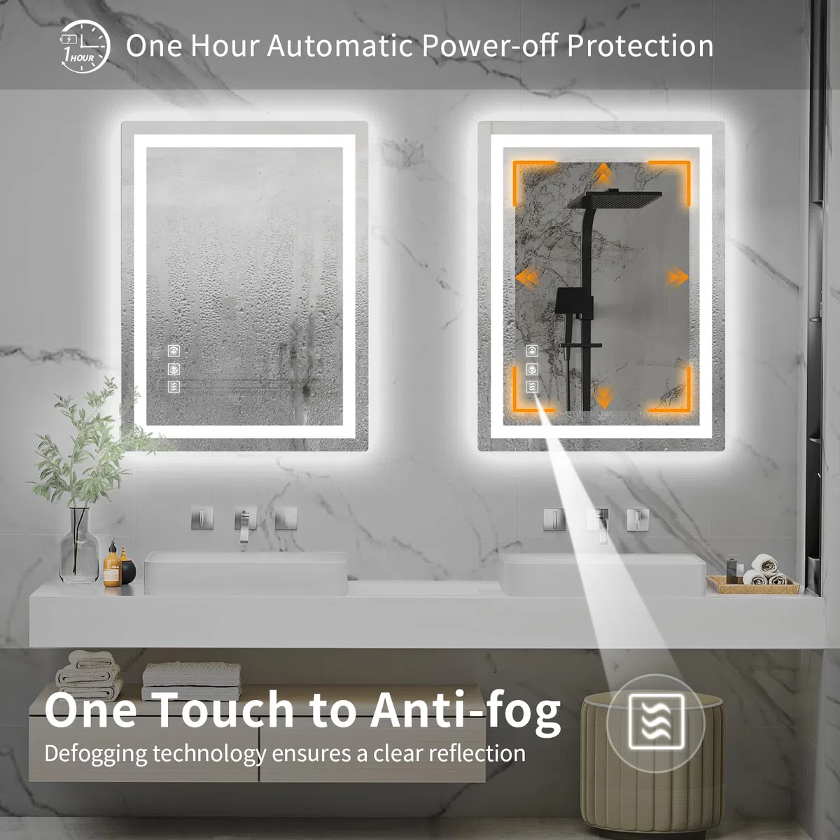 Espejo LED para baño, retroiluminado de 24 x 32 pulgadas + espejo de cambiador de baño con luces para pared, tiras de luz dobles, 3 colori, a prueba de roturas, antivaho y memoria de brillo