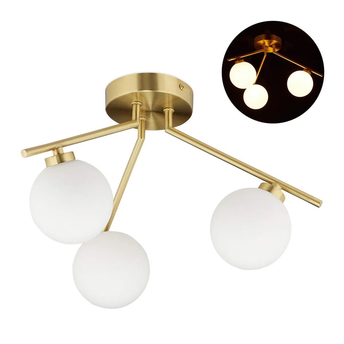 Relaxdays Lampadario GLOBI, 3 Luci, Attacco G9, Paralumi a Sfera in Vetro Opalino, Design Modernariato, 24,5x36 cm, oro