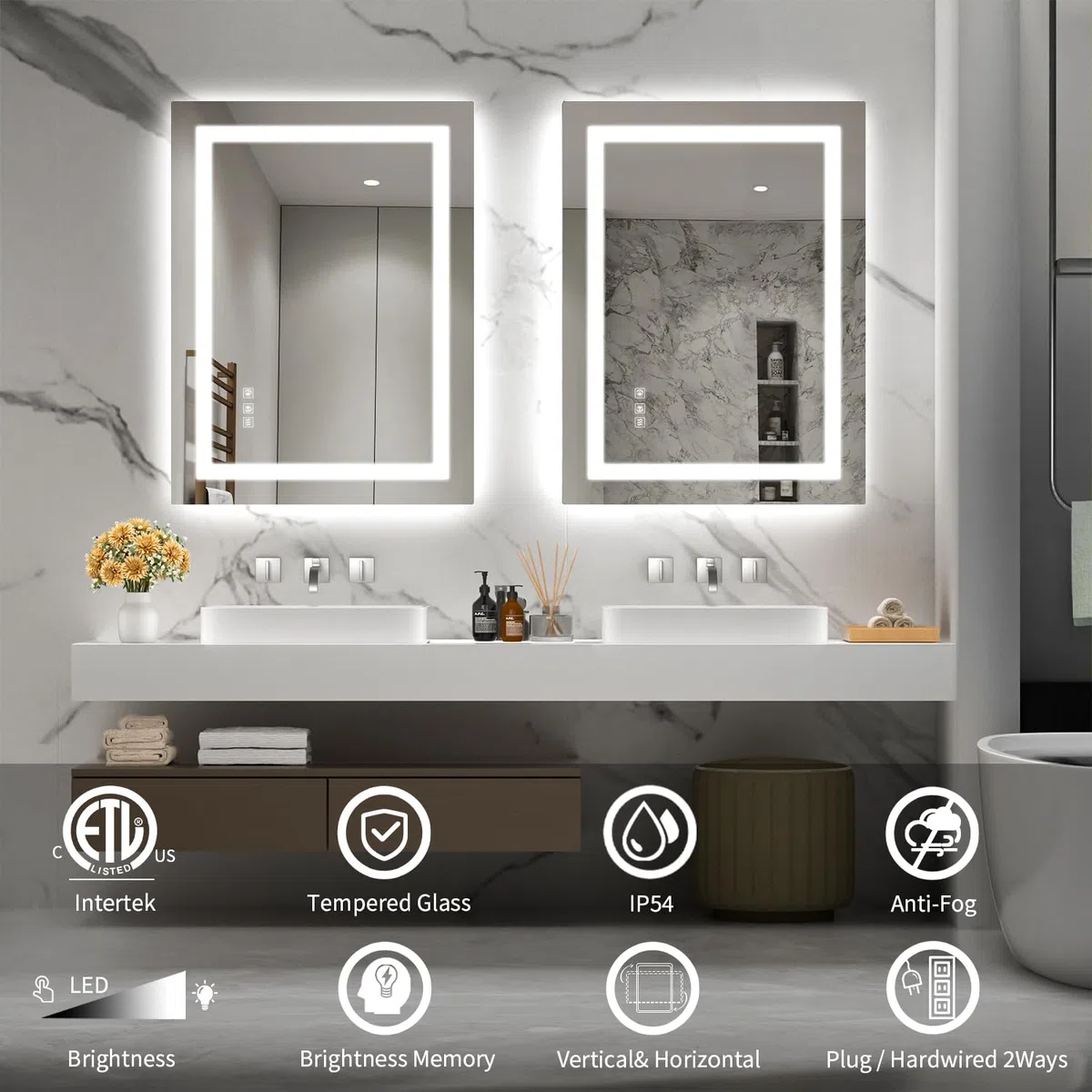 Espejo LED para baño, retroiluminado de 24 x 32 pulgadas + espejo de cambiador de baño con luces para pared, tiras de luz dobles, 3 colori, a prueba de roturas, antivaho y memoria de brillo