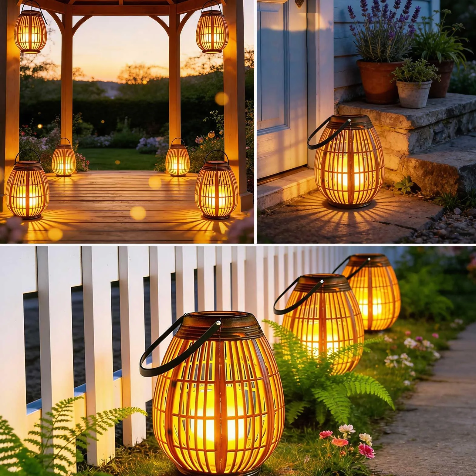 Joycome Lanterne da Esterno, Lanterna Solare da Giardino con Candele Tremolante, Lampada Solari da Appendere Impermeabile Lampade da Tavolo per Arredo Giardino Terrazzo Balconi Decorazioni - Legno