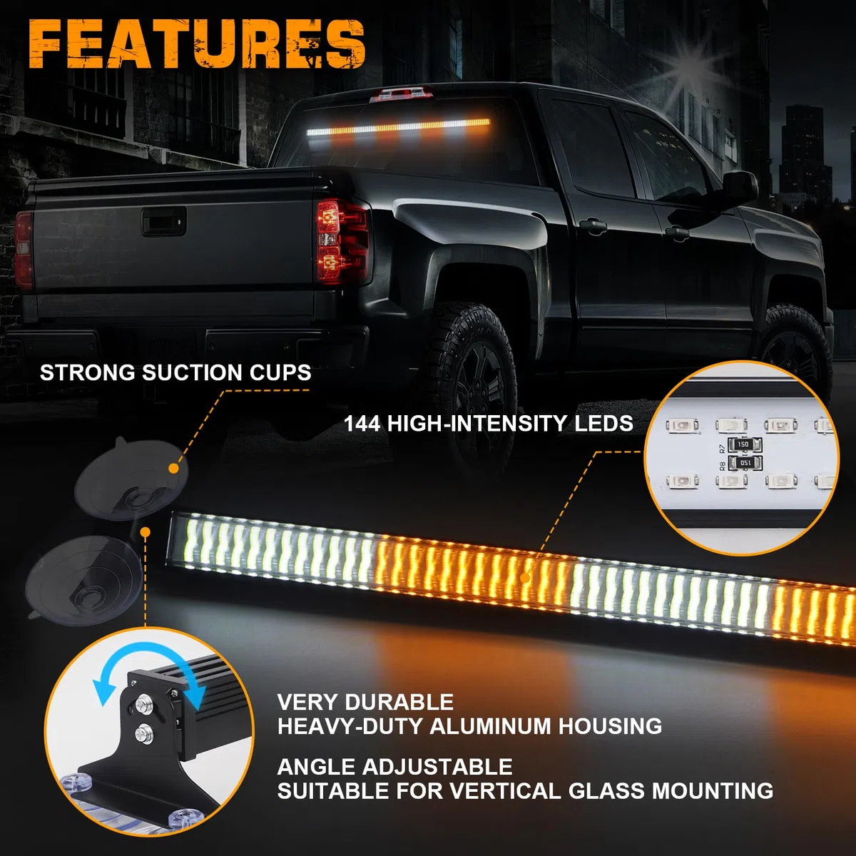 - Barra de luz de 35 pulgadas, 144 LED, color ámbar blanco, advertencia de emergencia, intermitente, luces estrobos