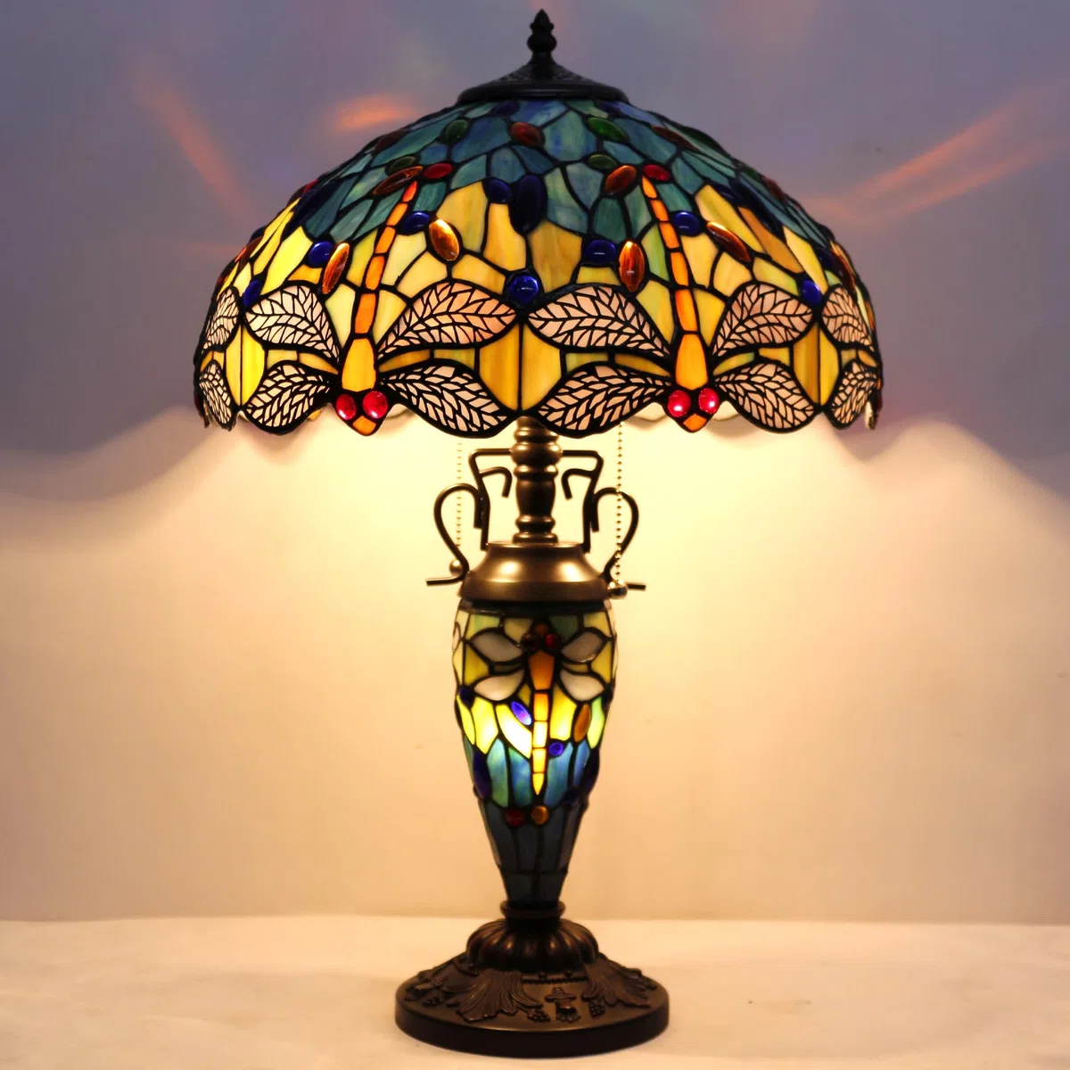 Lámpara de mesa estilo Tiffany W16H24 pulgadas mar azul amarillo vitral libellula pantalla base di resina antigua S128 WERFACTORY amante della oficina sala de estar dormitorio estudio arte regalo