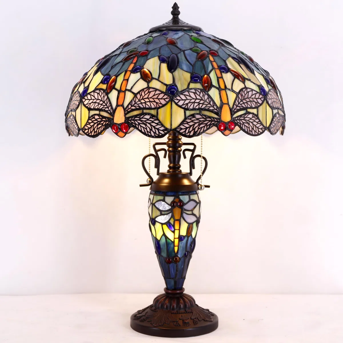 Lámpara de mesa estilo Tiffany W16H24 pulgadas mar azul amarillo vitral libellula pantalla base di resina antigua S128 WERFACTORY amante della oficina sala de estar dormitorio estudio arte regalo