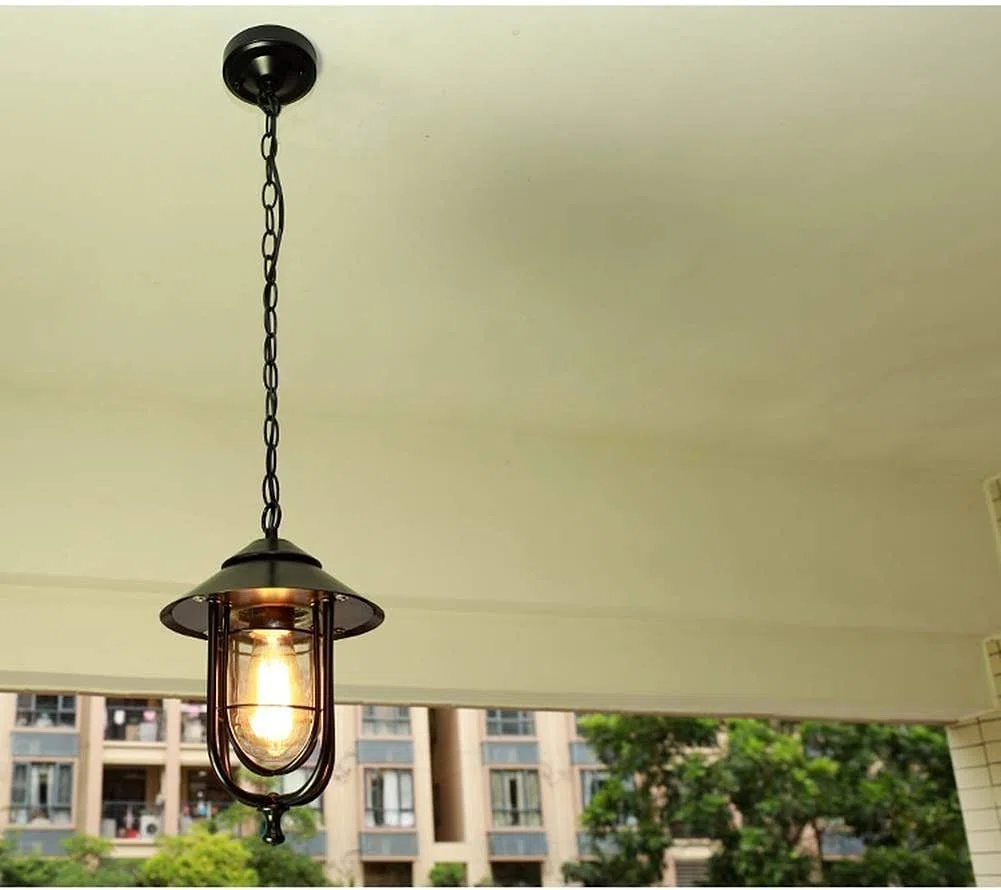1-Light Exterior Hanging Lantern Lighting for Porch, Indoor Outdoor Pendant Light Fixtures, Height Adjustable Farmhouse Light with Sanded Black Finish Clear Glass Interesting