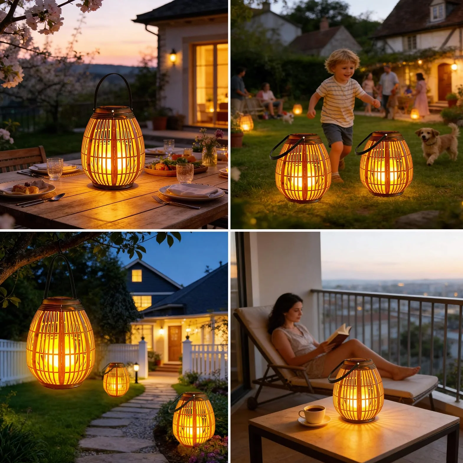 Joycome Lanterne da Esterno, Lanterna Solare da Giardino con Candele Tremolante, Lampada Solari da Appendere Impermeabile Lampade da Tavolo per Arredo Giardino Terrazzo Balconi Decorazioni - Legno