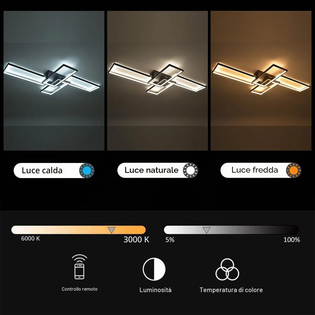 Black Plafoniera LED Soffitto,L130cm Plafoniera Led Soffitto Moderna con Telecomand