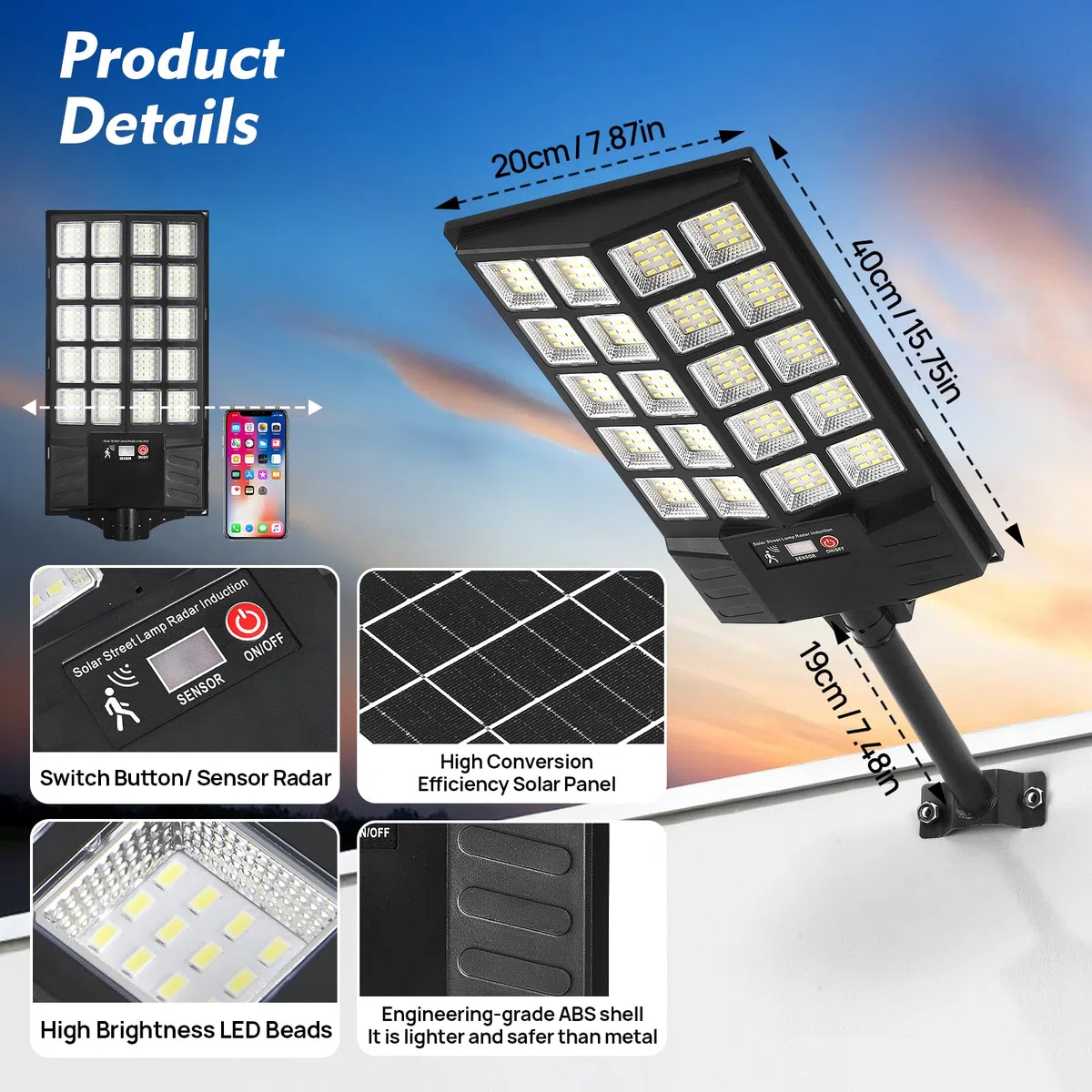 Luci solari impermeabili all'aperto del sensore di moto di 6500K LED, luci di inondazione solari con il tramonto remoto all'alba illuminazione commerciale per il percorso dell'iarda