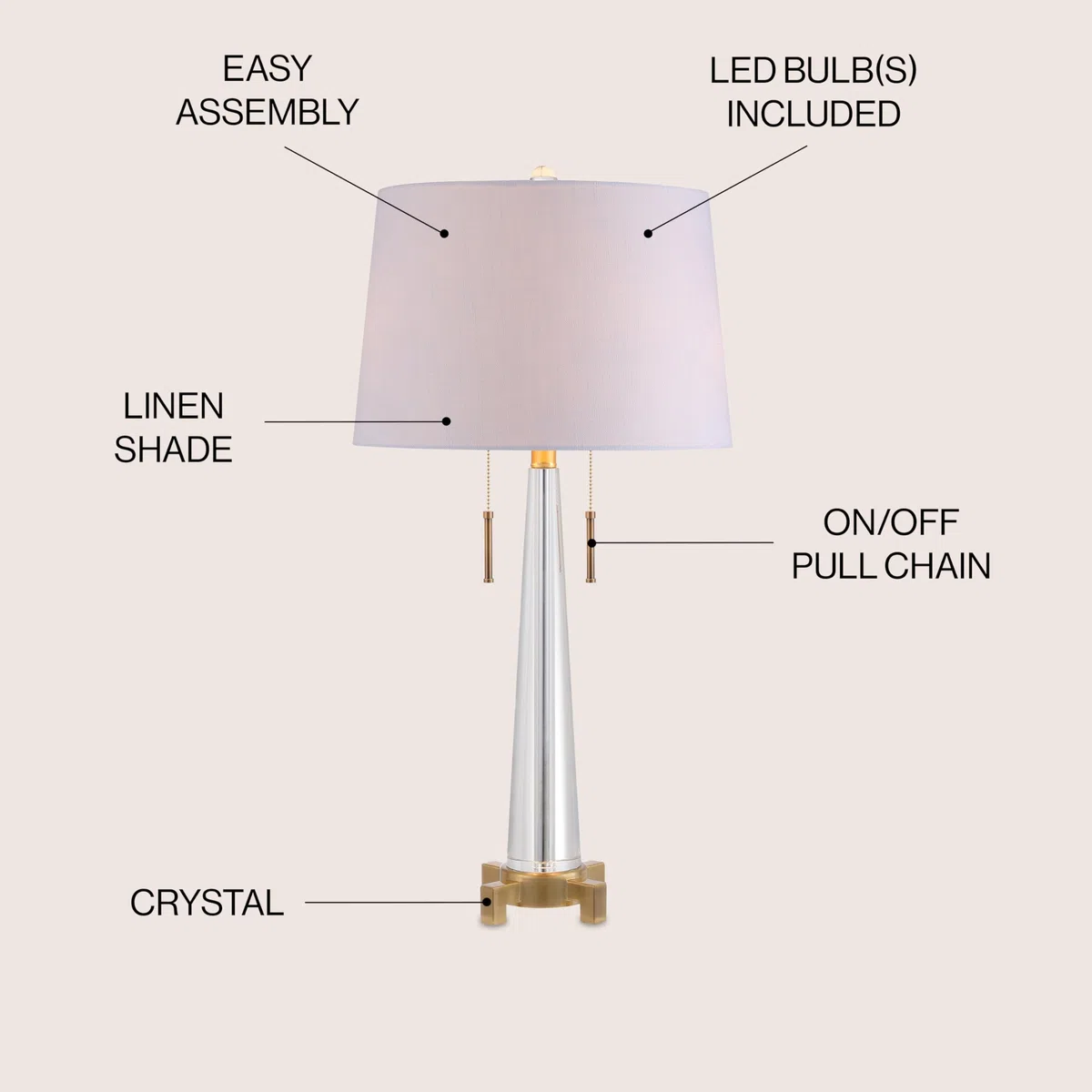 Jonathan Y Lámpara de mesa LED di cristallo da 29.5", trasparente/latón dorado, moderno, 2 luci, bombilla incluida
