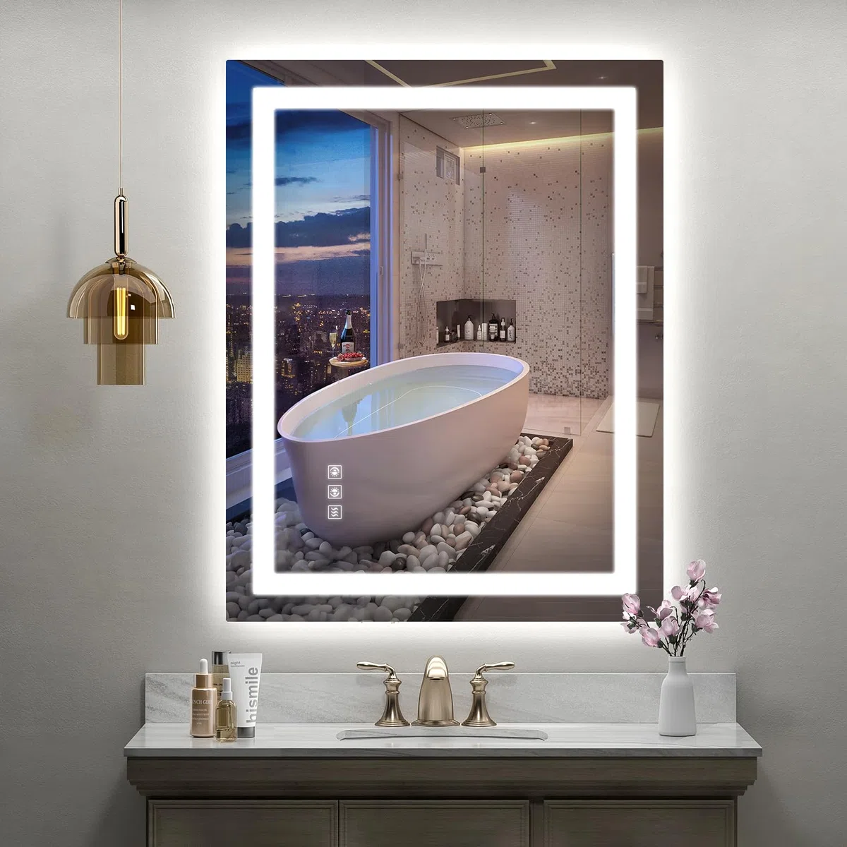 Espejo LED para baño, retroiluminado de 28 x 36 pulgadas + espejo de cambiador de baño con luces para pared, doble tira de luz, 3 colori, a prueba de roturas, antivaho y memoria de brillo