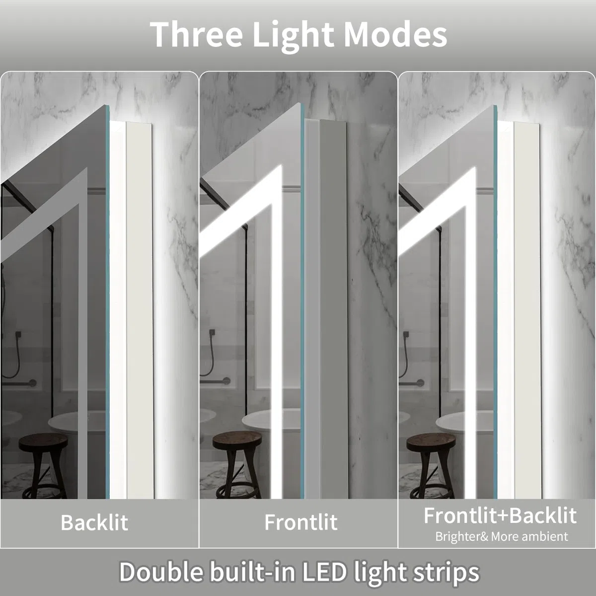 Espejo LED para baño, retroiluminado de 24 x 32 pulgadas + espejo de cambiador de baño con luces para pared, tiras de luz dobles, 3 colori, a prueba de roturas, antivaho y memoria de brillo