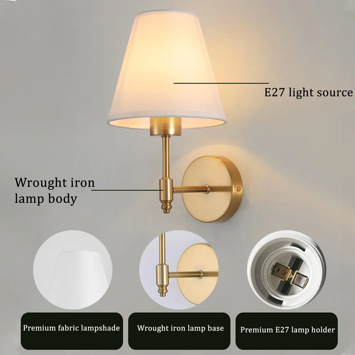 Wandleuchte E27 für den Innenbereich mit Stoffschirm, Moderne Vintage-Wandleuchte, Nachttischleuchte aus Metall für Schlafzimmer, Wohnzimmer, Flur (Leuchtmittel Nicht enthalten)