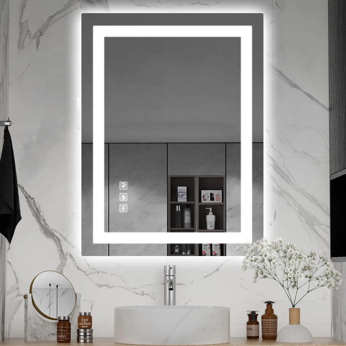 Espejo LED para baño, retroiluminado de 24 x 32 pulgadas + espejo de cambiador de baño con luces para pared, tiras de luz dobles, 3 colori, a prueba de roturas, antivaho y memoria de brillo