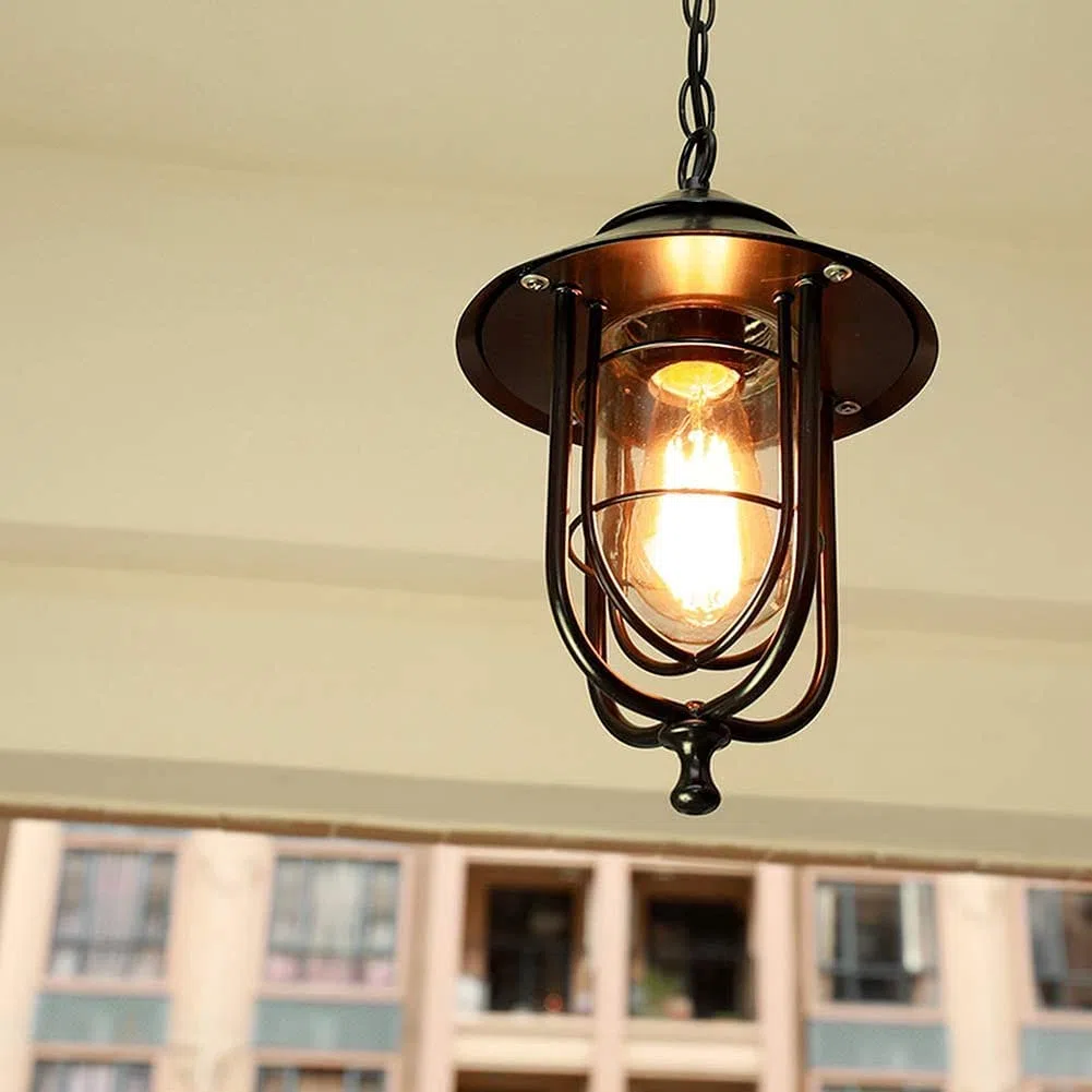 1-Light Exterior Hanging Lantern Lighting for Porch, Indoor Outdoor Pendant Light Fixtures, Height Adjustable Farmhouse Light with Sanded Black Finish Clear Glass Interesting