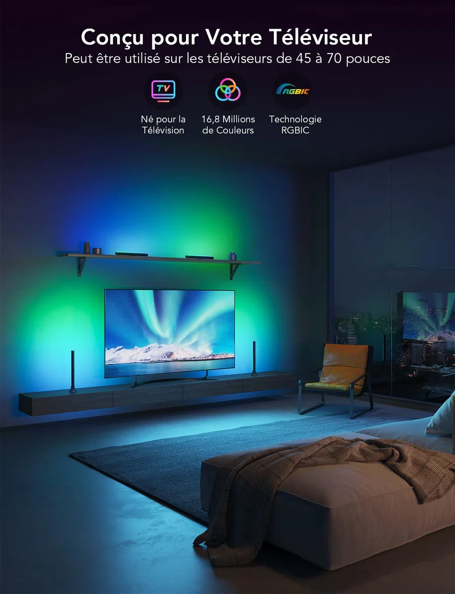 Govee Smart LED Light Bars, Retroilluminazione TV WiFi da 15 Pollici con Doppie Perla Luminosa, Barra Luminosa con Varie Opzioni Adatto a TV da 45-70 pollici, Funziona con Alexa e Google Assistant