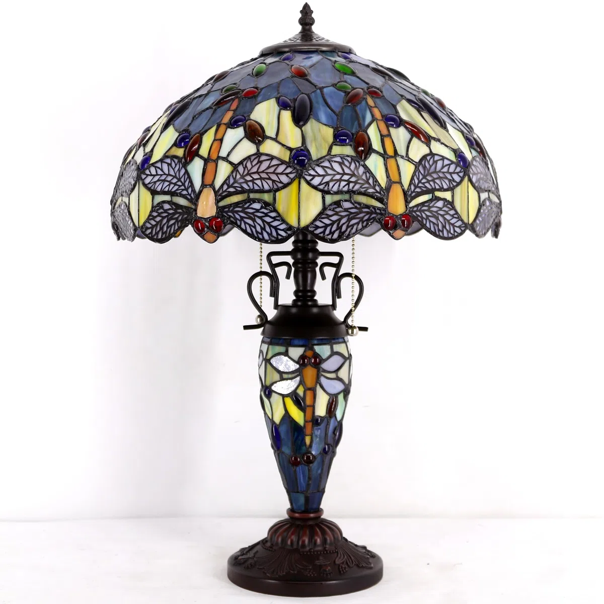 Lámpara de mesa estilo Tiffany W16H24 pulgadas mar azul amarillo vitral libellula pantalla base di resina antigua S128 WERFACTORY amante della oficina sala de estar dormitorio estudio arte regalo