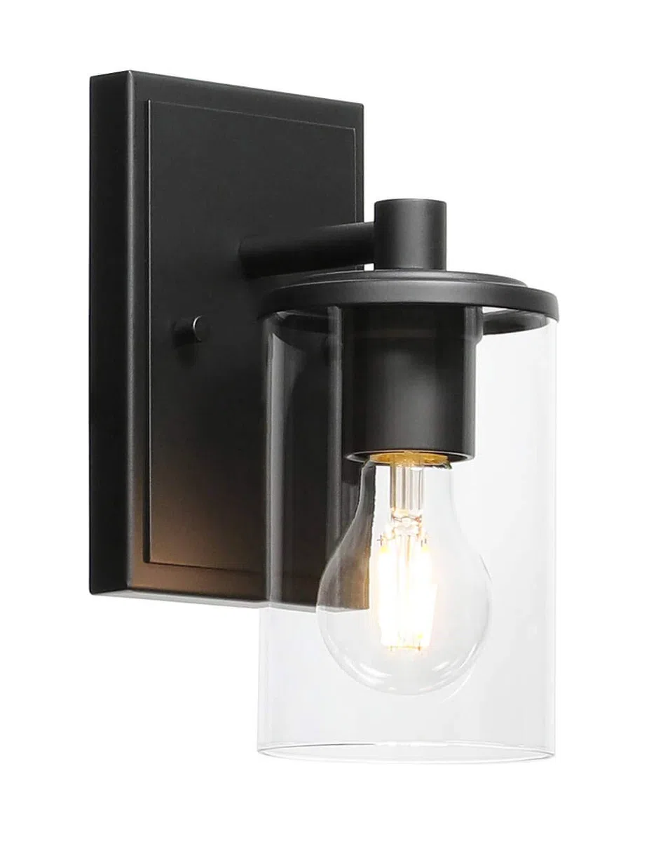 XiNBEi Lighting Aplique de pared, 1 luz, luz de tocador para baño con vidrio, apliques negros modernos para interiores, iluminación de pared XB-W1240-1-MB