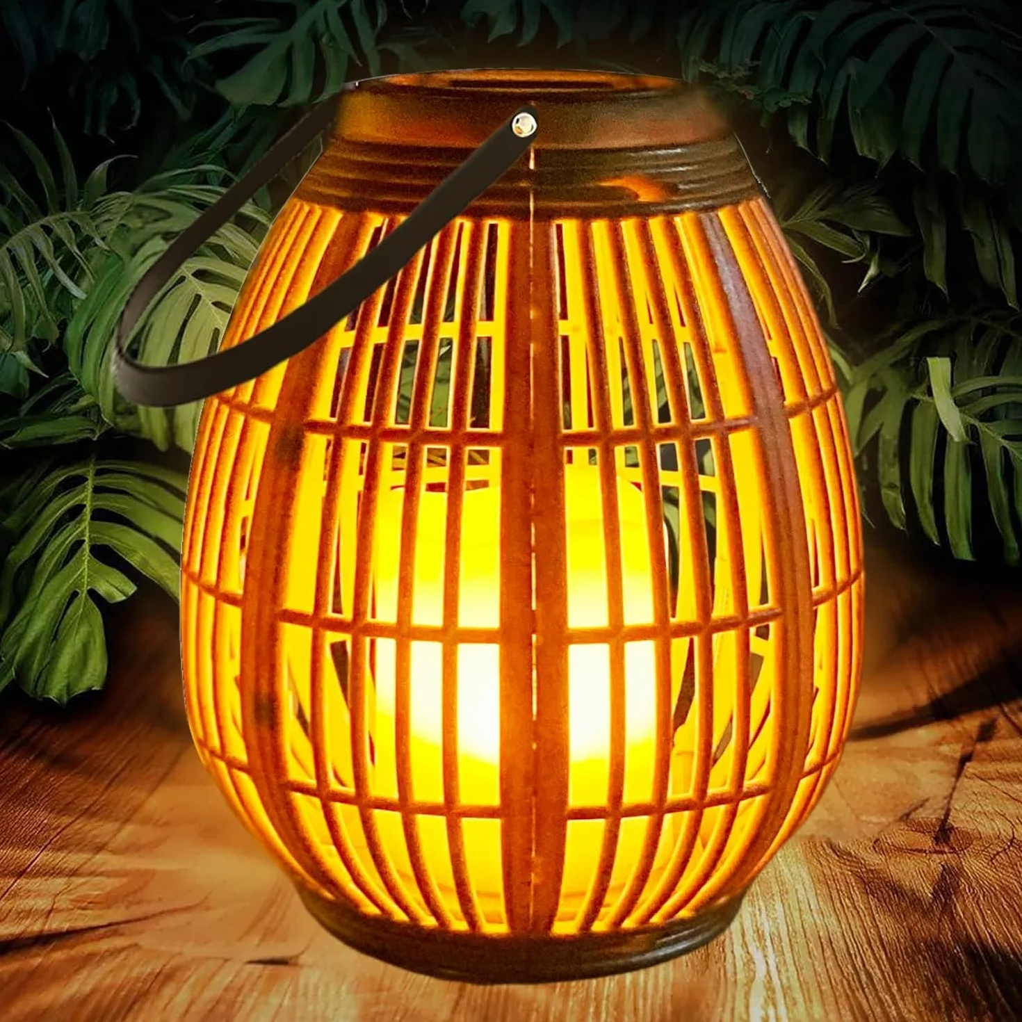 Joycome Lanterne da Esterno, Lanterna Solare da Giardino con Candele Tremolante, Lampada Solari da Appendere Impermeabile Lampade da Tavolo per Arredo Giardino Terrazzo Balconi Decorazioni - Legno