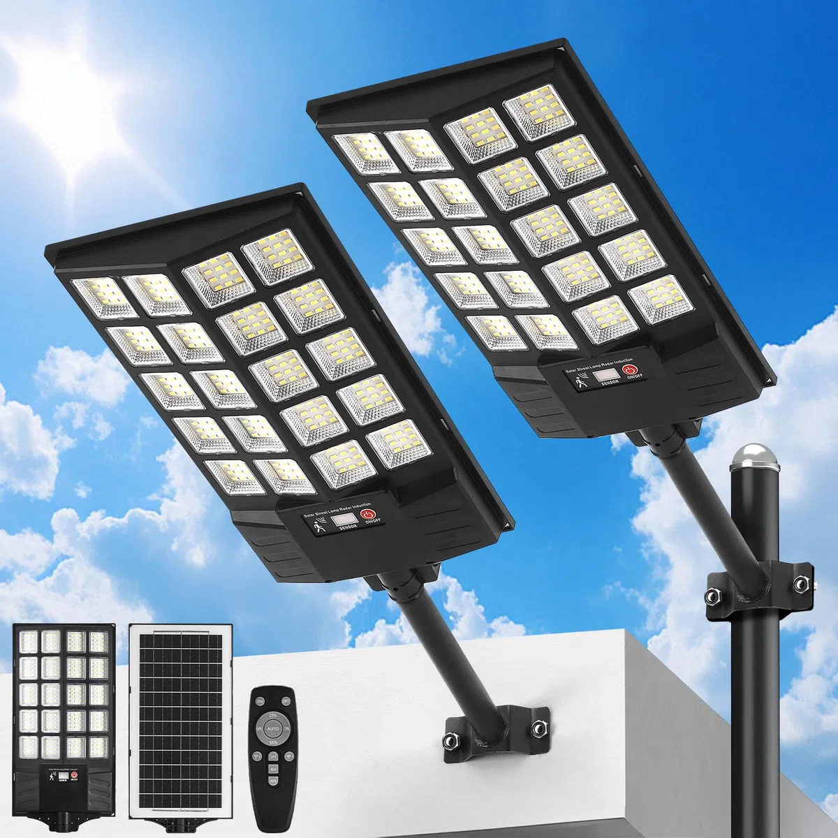 Luci solari impermeabili all'aperto del sensore di moto di 6500K LED, luci di inondazione solari con il tramonto remoto all'alba illuminazione commerciale per il percorso dell'iarda