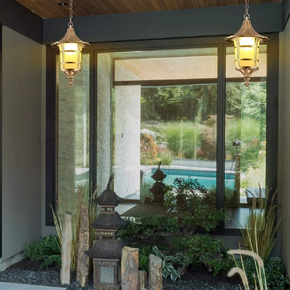 European Contemporary Exterior Balcony Hanging Light Outdoor Frosted Glass Lantern Courtyard Corridor Restaurant E27 Retro Victoria Retro Industry Chandelier Perfec/Bronze/38 * 24.5Cm