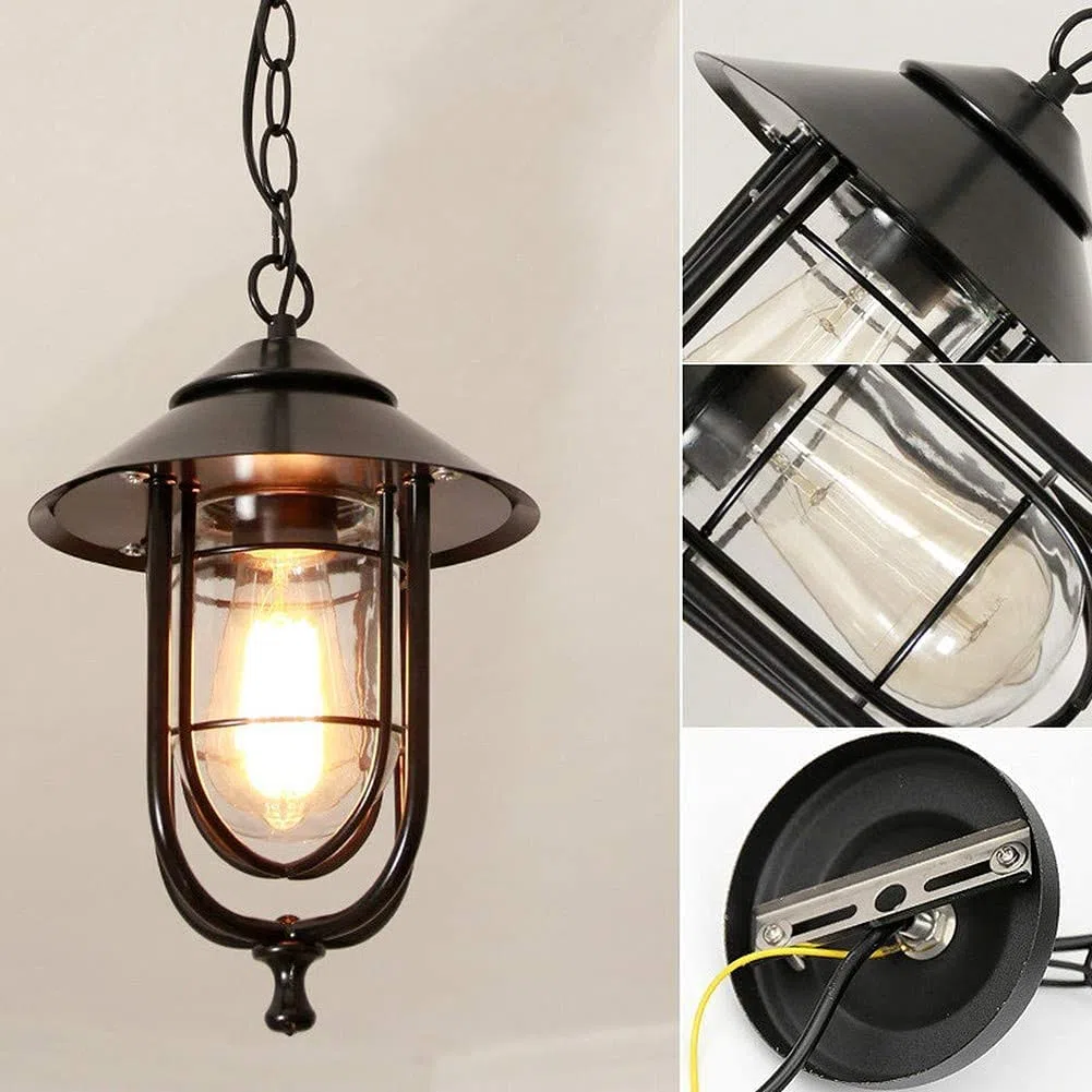 1-Light Exterior Hanging Lantern Lighting for Porch, Indoor Outdoor Pendant Light Fixtures, Height Adjustable Farmhouse Light with Sanded Black Finish Clear Glass Interesting
